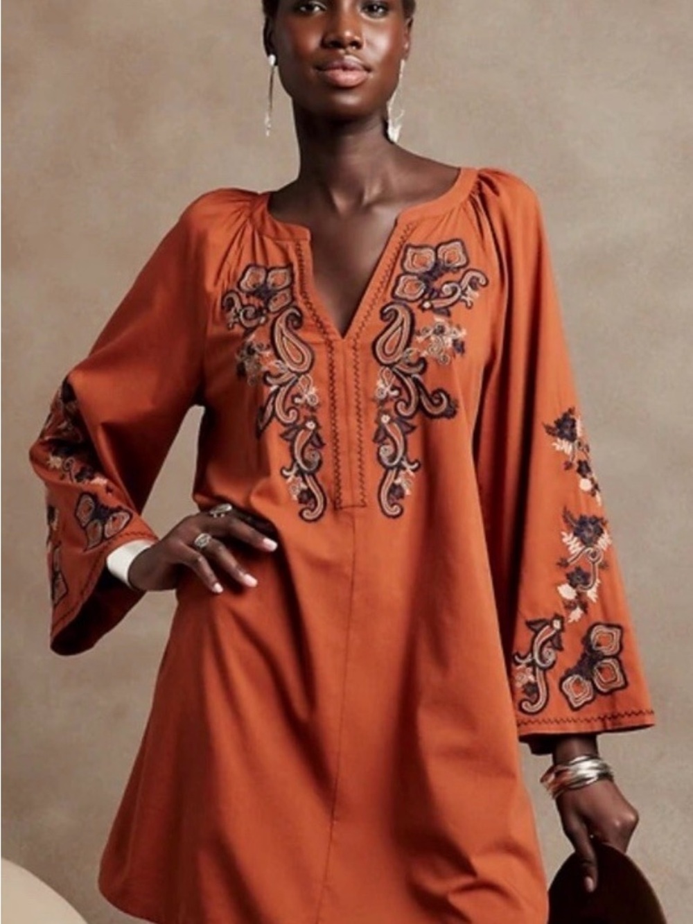 Banana Republic Rust Orange Embroidered V-Neck Tunic